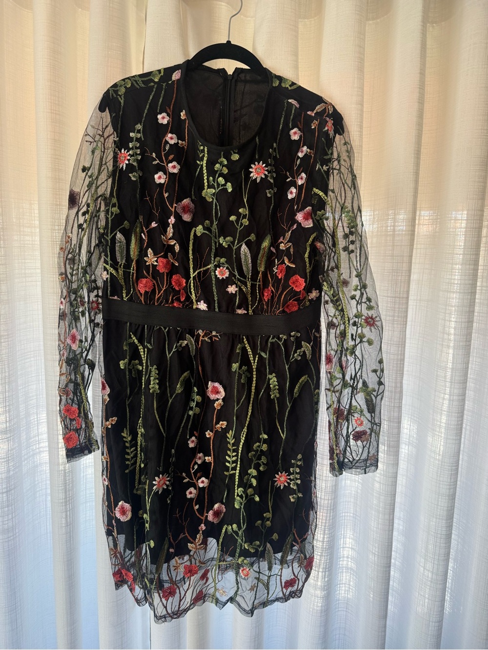 Black Cinched Waist dress  with Embroidered Detail and Sheer Sleeves